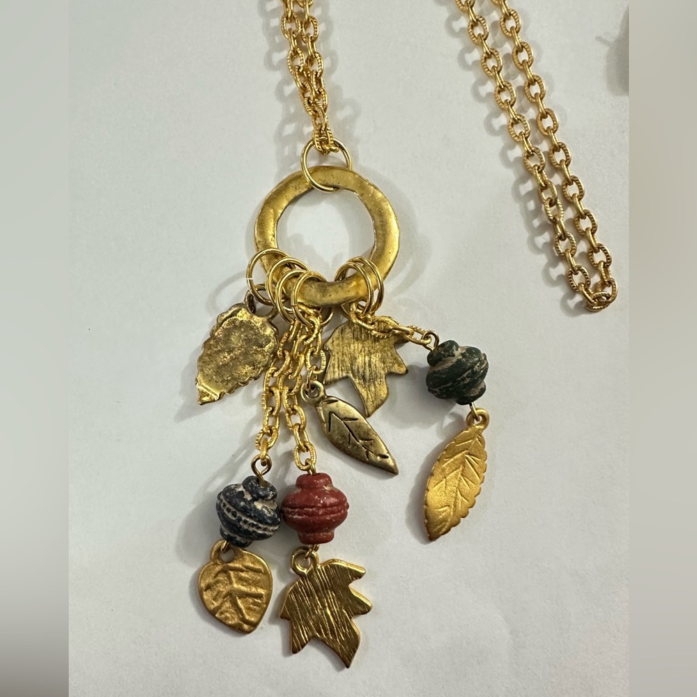 Patchington Gold Leaf Necklace and Earring Set with Red and Green Accents - Picture 2 of 3
